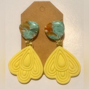 Yellow and Blue Statement Earrings with Heart-Shaped Pendants